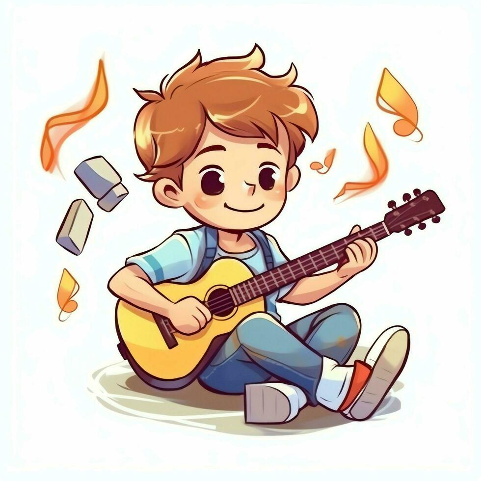 Cute boy playing guitar and listening to music with headset in cartoon style. Youth day or music day concept by AI Generated photo