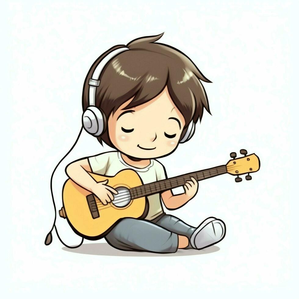 Cute boy playing guitar and listening to music with headset in cartoon style. Youth day or music day concept by AI Generated photo