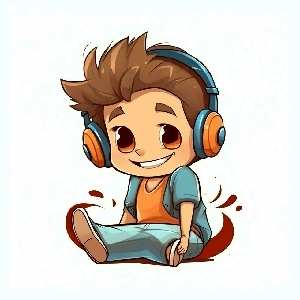 Cute boy playing guitar and listening to music with headset in cartoon style. Youth day or music day concept by AI Generated photo