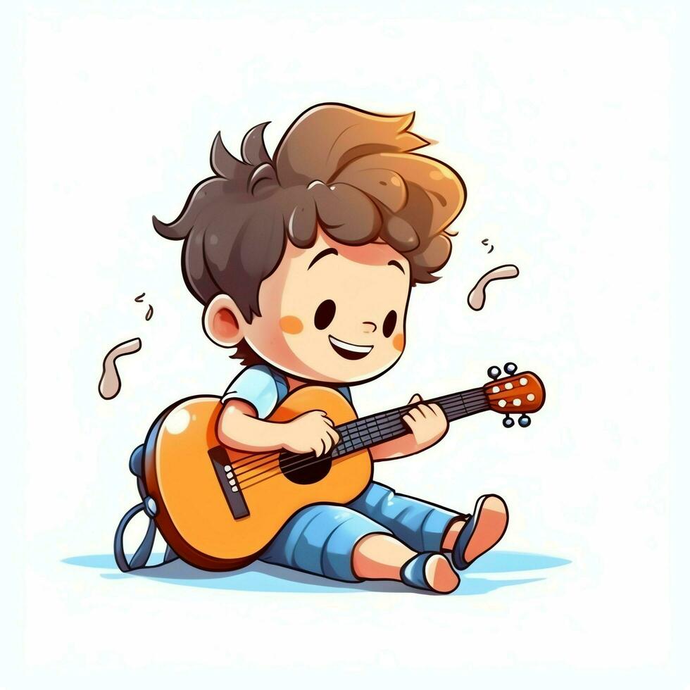 Cute boy playing guitar and listening to music with headset in cartoon style. Youth day or music day concept by AI Generated photo