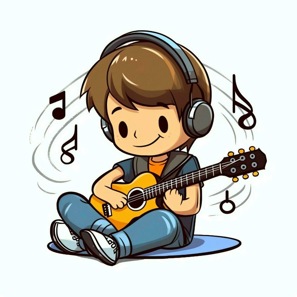 Cute boy playing guitar and listening to music with headset in cartoon style. Youth day or music day concept by AI Generated photo