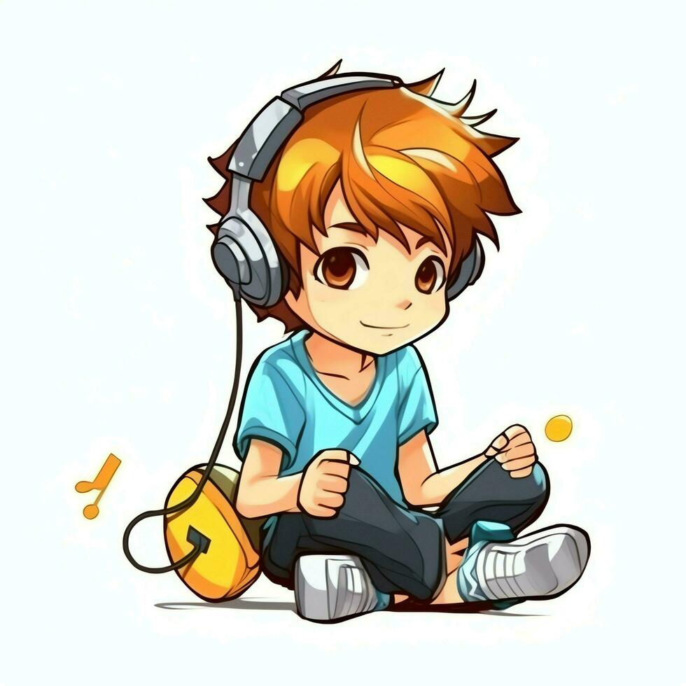 Cute boy playing guitar and listening to music with headset in cartoon style. Youth day or music day concept by AI Generated photo