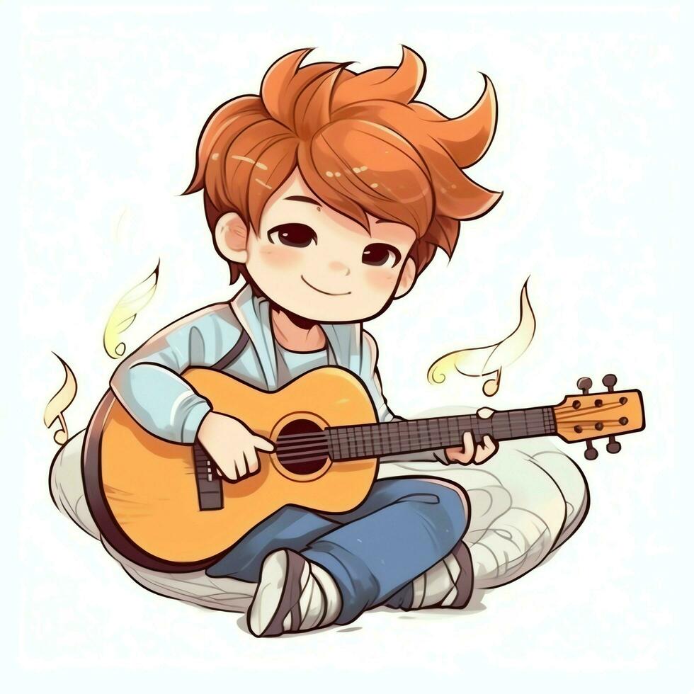 Cute boy playing guitar and listening to music with headset in cartoon style. Youth day or music day concept by AI Generated photo