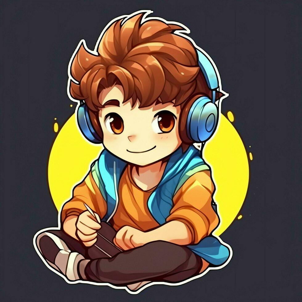 Cute boy playing guitar and listening to music with headset in cartoon style. Youth day or music day concept by AI Generated photo