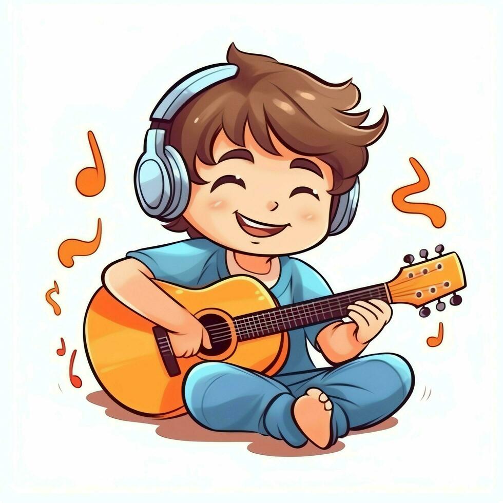 Cute boy playing guitar and listening to music with headset in cartoon style. Youth day or music day concept by AI Generated photo