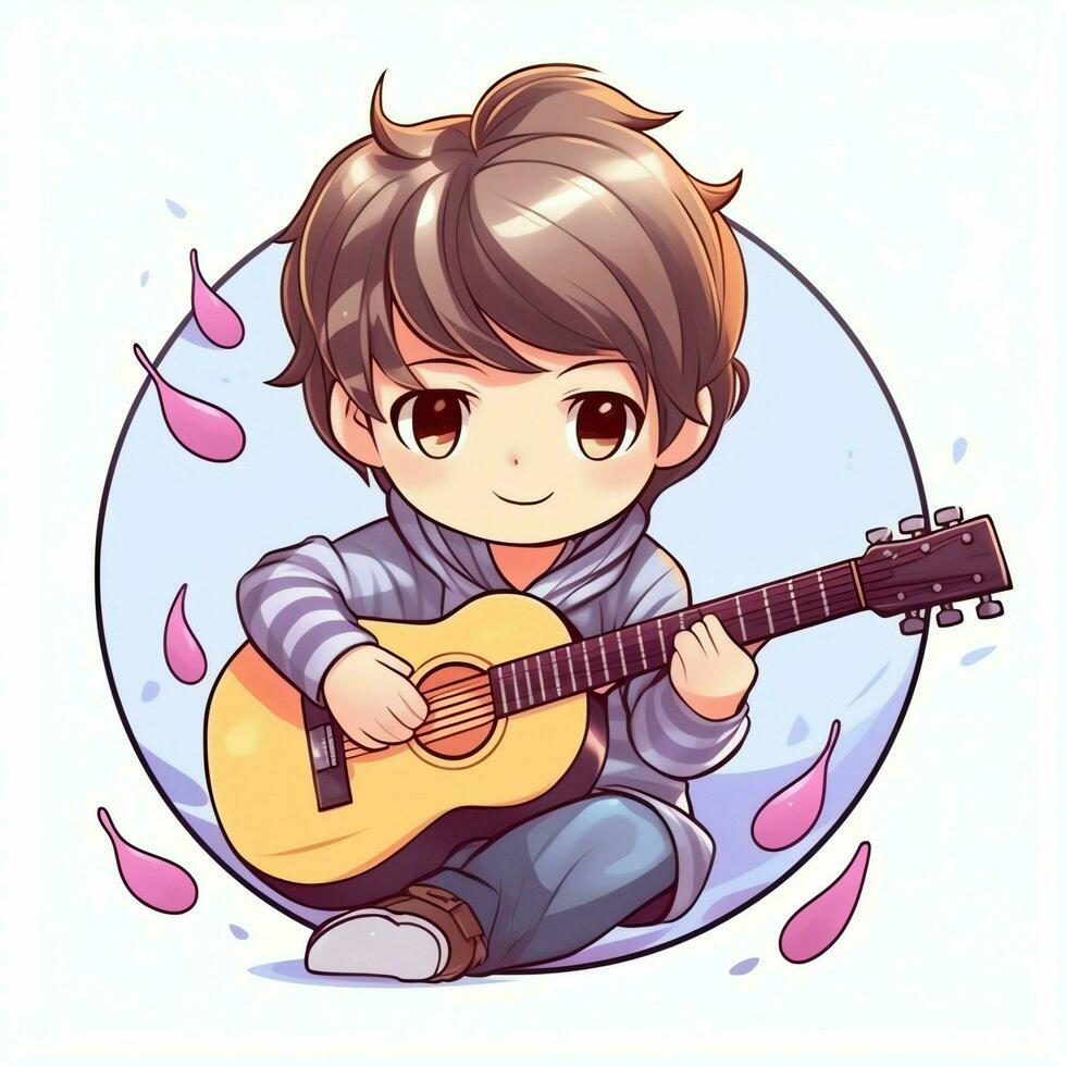 Cute boy playing guitar and listening to music with headset in cartoon style. Youth day or music day concept by AI Generated photo