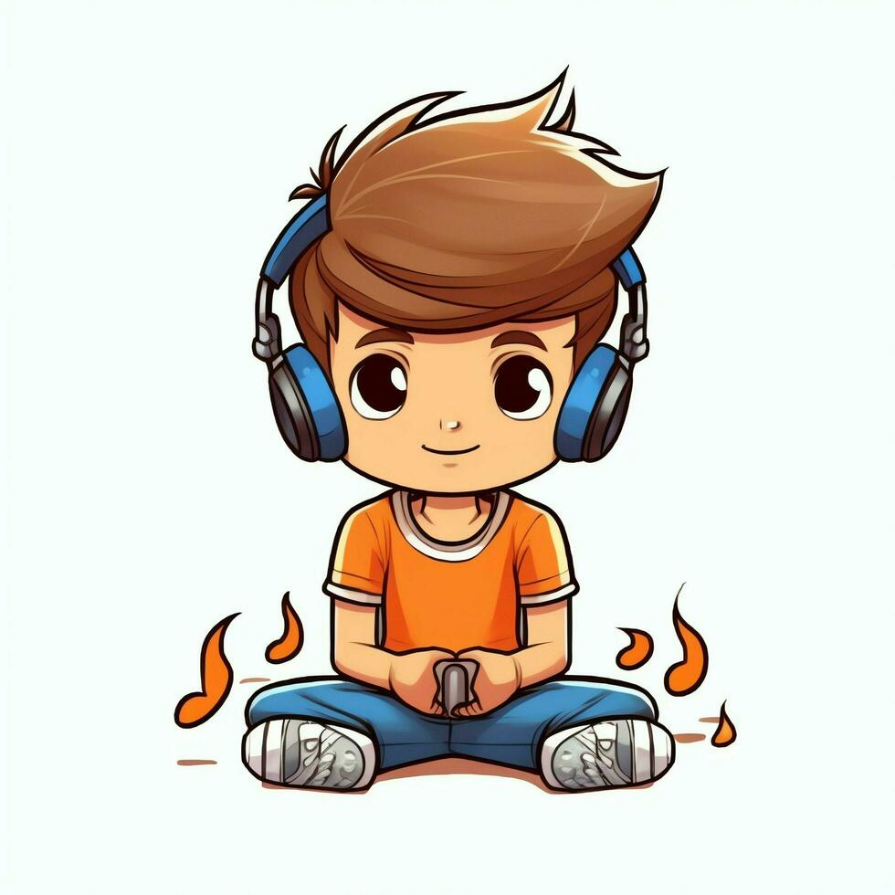 Cute boy playing guitar and listening to music with headset in cartoon style. Youth day or music day concept by AI Generated photo