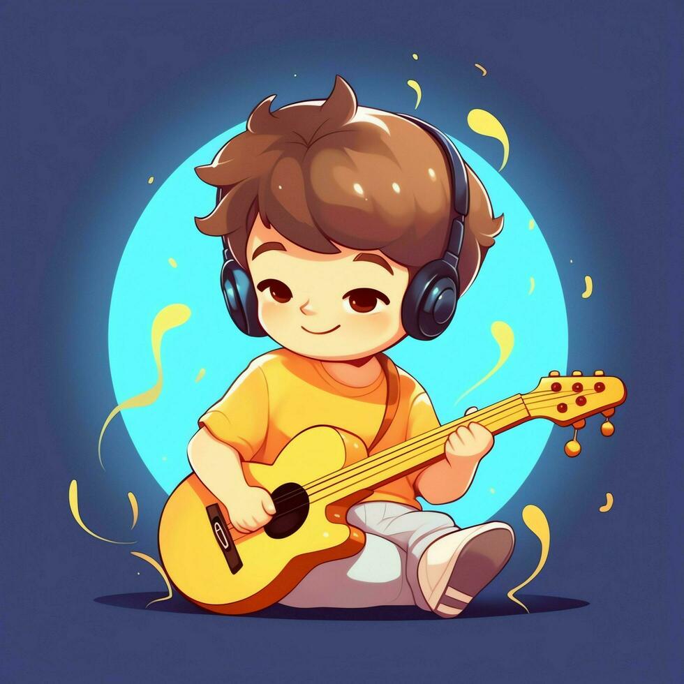 Cute boy playing guitar and listening to music with headset in cartoon style. Youth day or music day concept by AI Generated photo