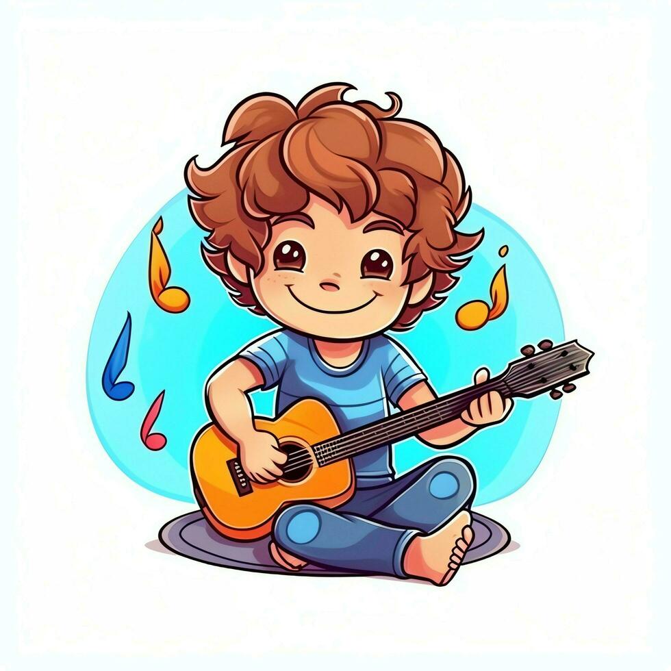 Cute boy playing guitar and listening to music with headset in cartoon style. Youth day or music day concept by AI Generated photo