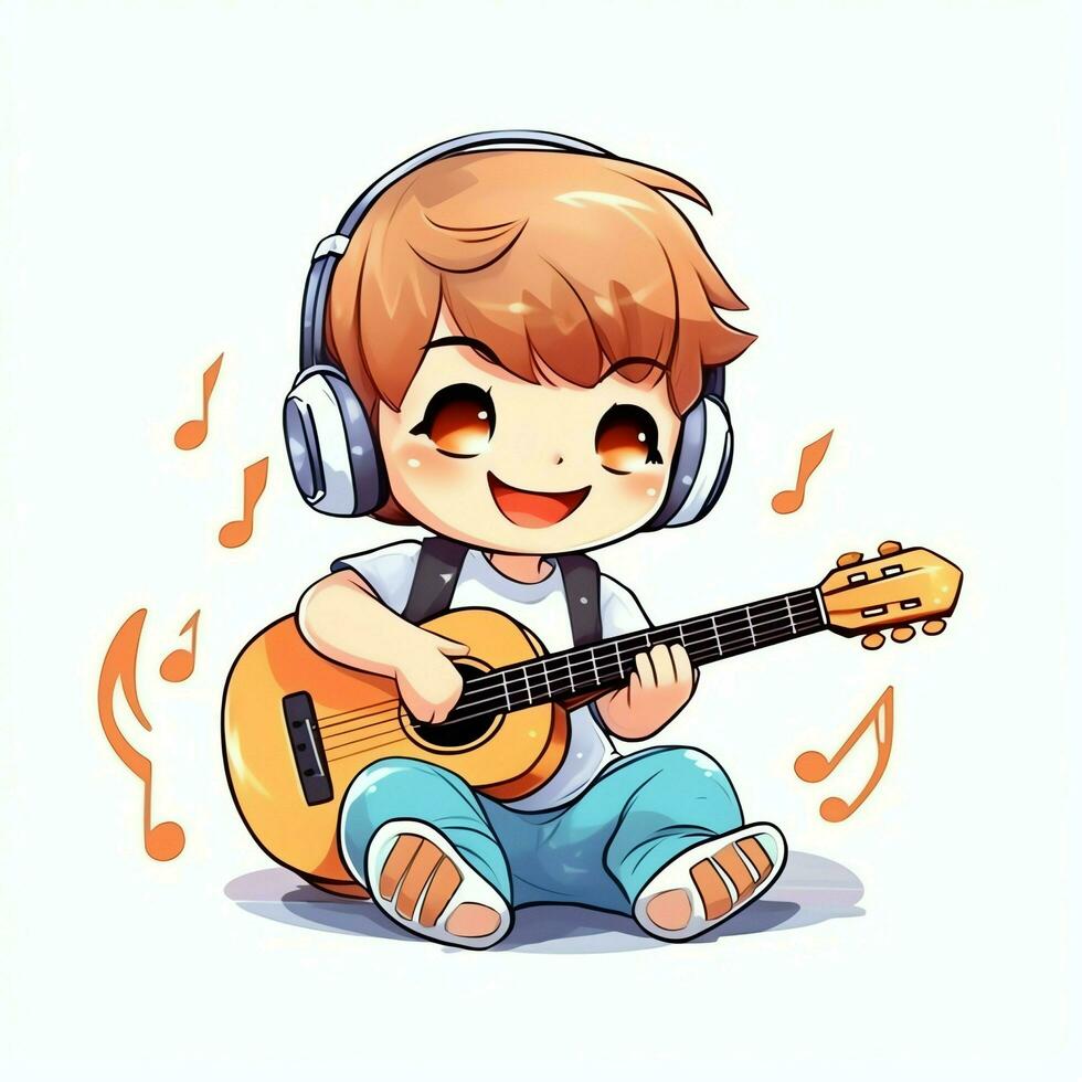 Cute boy playing guitar and listening to music with headset in cartoon style. Youth day or music day concept by AI Generated photo