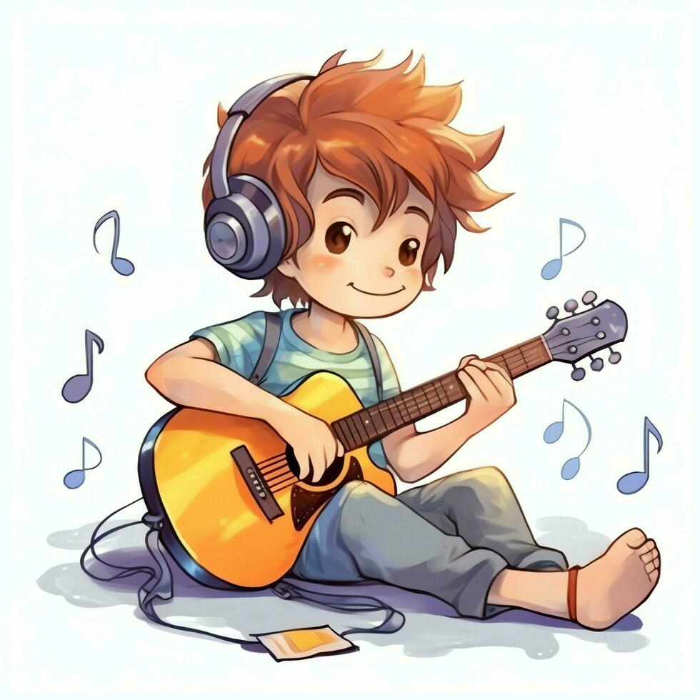 linda chico jugando guitarra y escuchando a música con auriculares en dibujos animados estilo. juventud día o música día concepto por ai generado foto