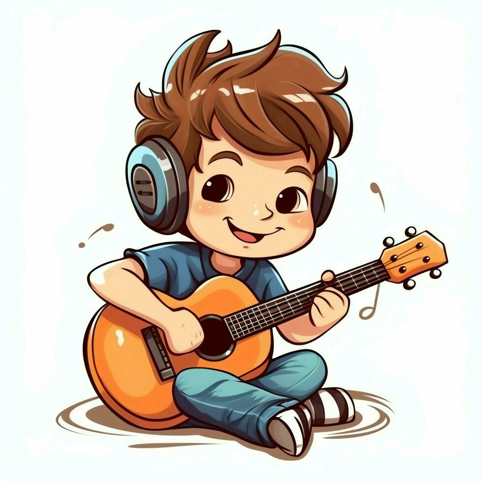 linda chico jugando guitarra y escuchando a música con auriculares en dibujos animados estilo. juventud día o música día concepto por ai generado foto