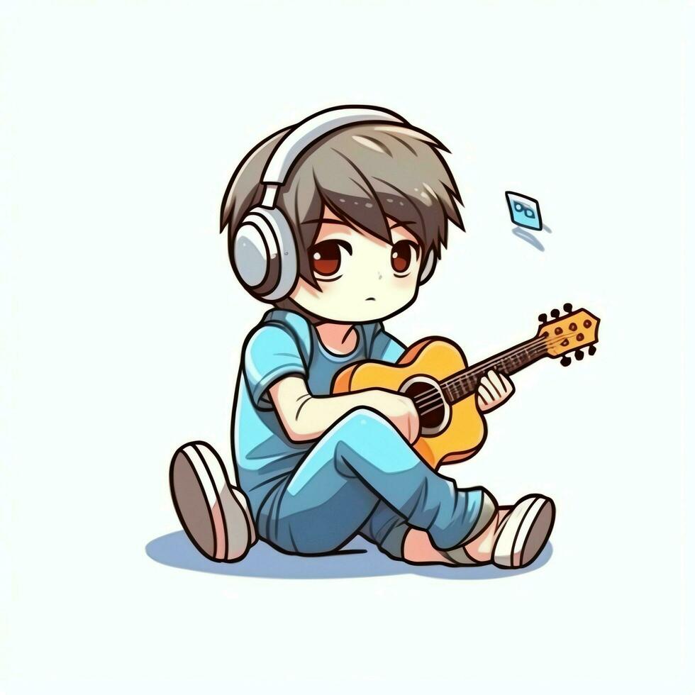 Cute boy playing guitar and listening to music with headset in cartoon style. Youth day or music day concept by AI Generated photo