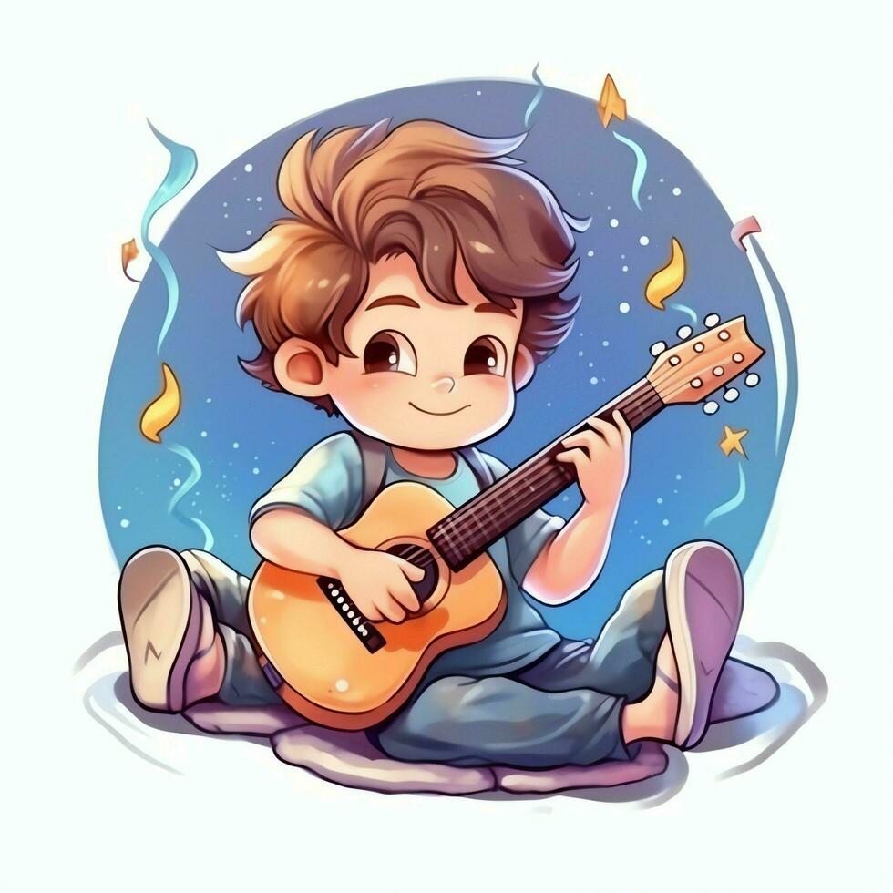 Cute boy playing guitar and listening to music with headset in cartoon style. Youth day or music day concept by AI Generated photo