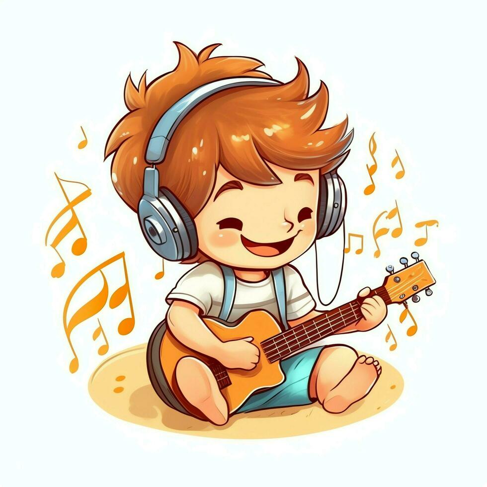 Cute boy playing guitar and listening to music with headset in cartoon style. Youth day or music day concept by AI Generated photo