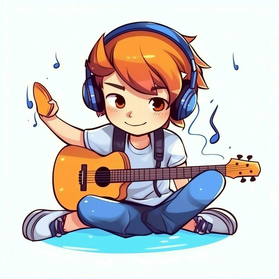 Cute boy playing guitar and listening to music with headset in cartoon style. Youth day or music day concept by AI Generated photo