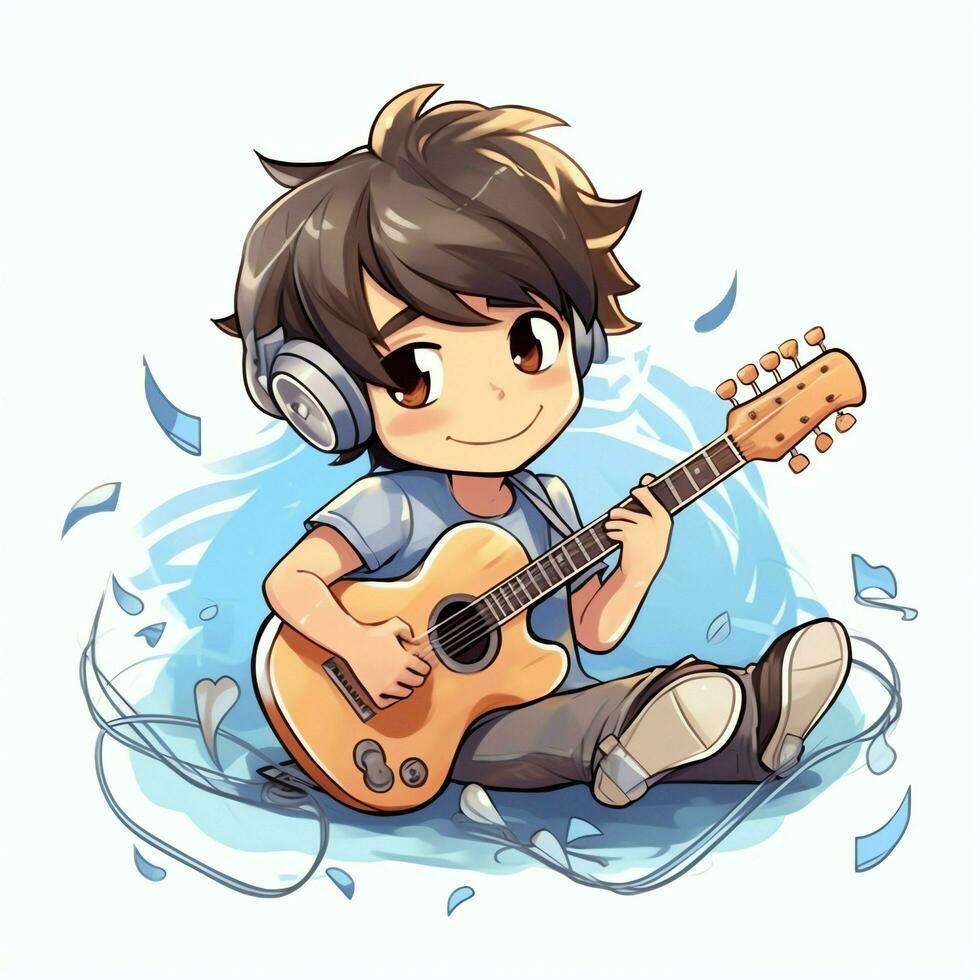 Cute boy playing guitar and listening to music with headset in cartoon style. Youth day or music day concept by AI Generated photo