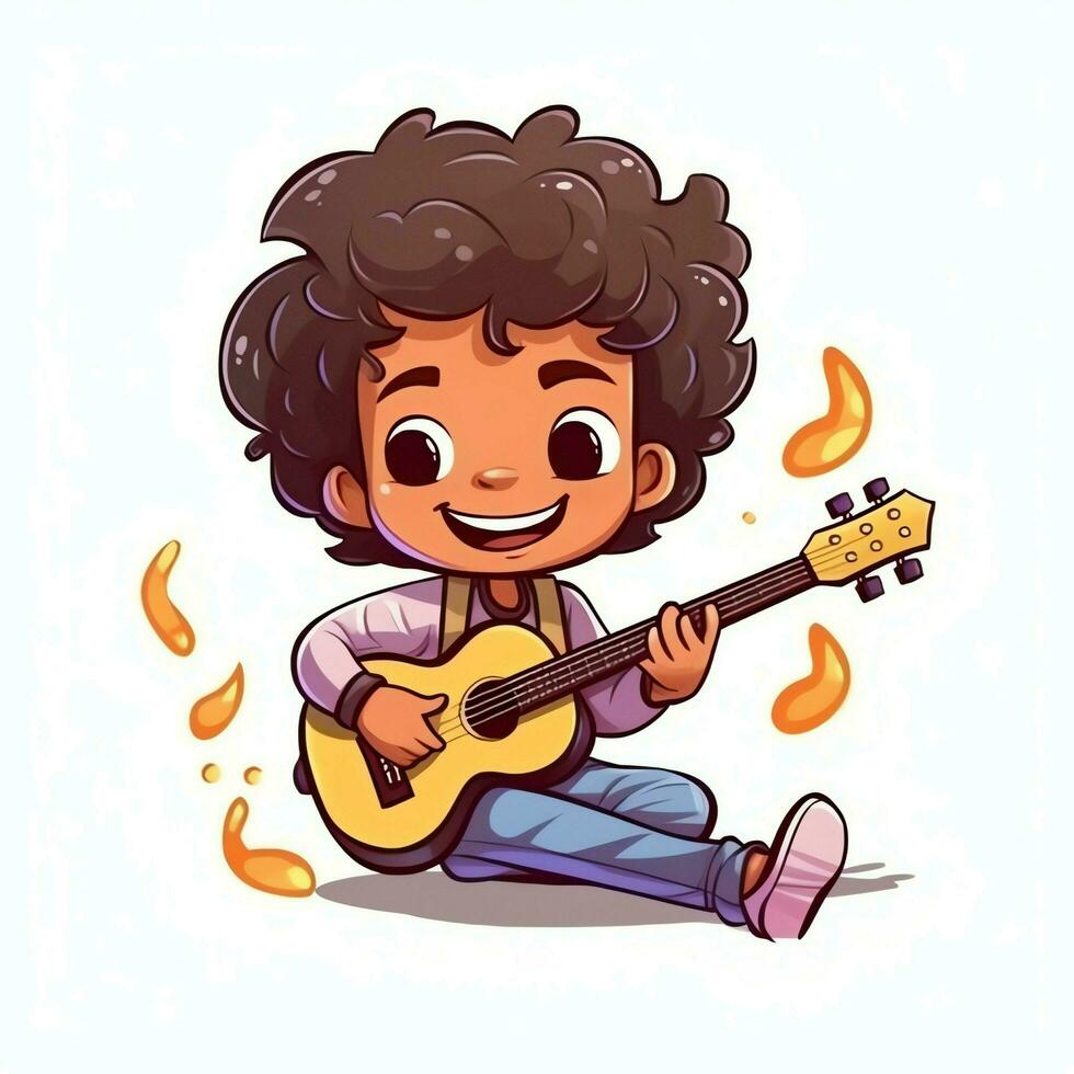 Cute boy playing guitar and listening to music with headset in cartoon style. Youth day or music day concept by AI Generated photo