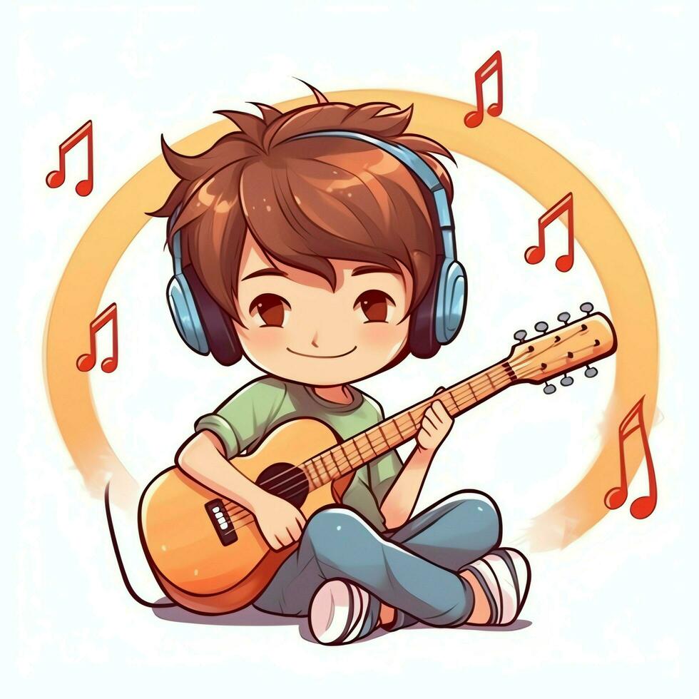 Cute boy playing guitar and listening to music with headset in cartoon style. Youth day or music day concept by AI Generated photo