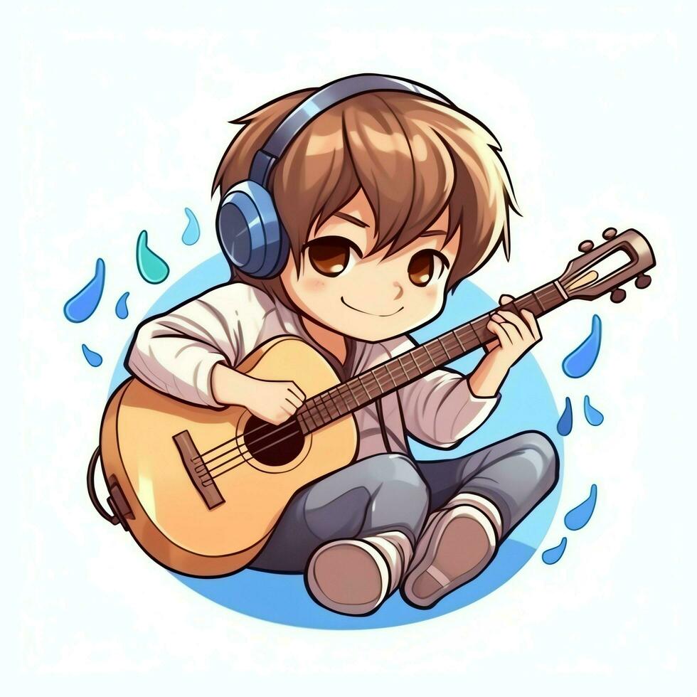 Cute boy playing guitar and listening to music with headset in cartoon style. Youth day or music day concept by AI Generated photo