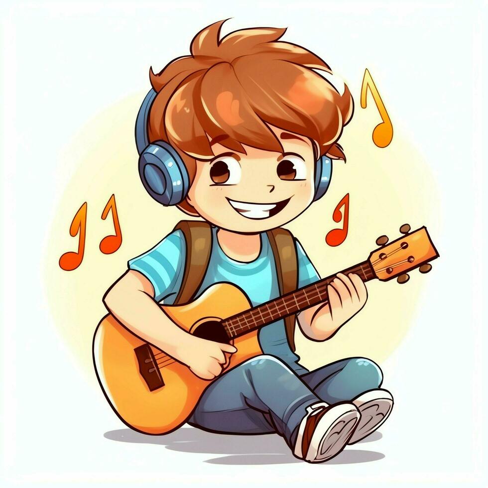 Cute boy playing guitar and listening to music with headset in cartoon style. Youth day or music day concept by AI Generated photo