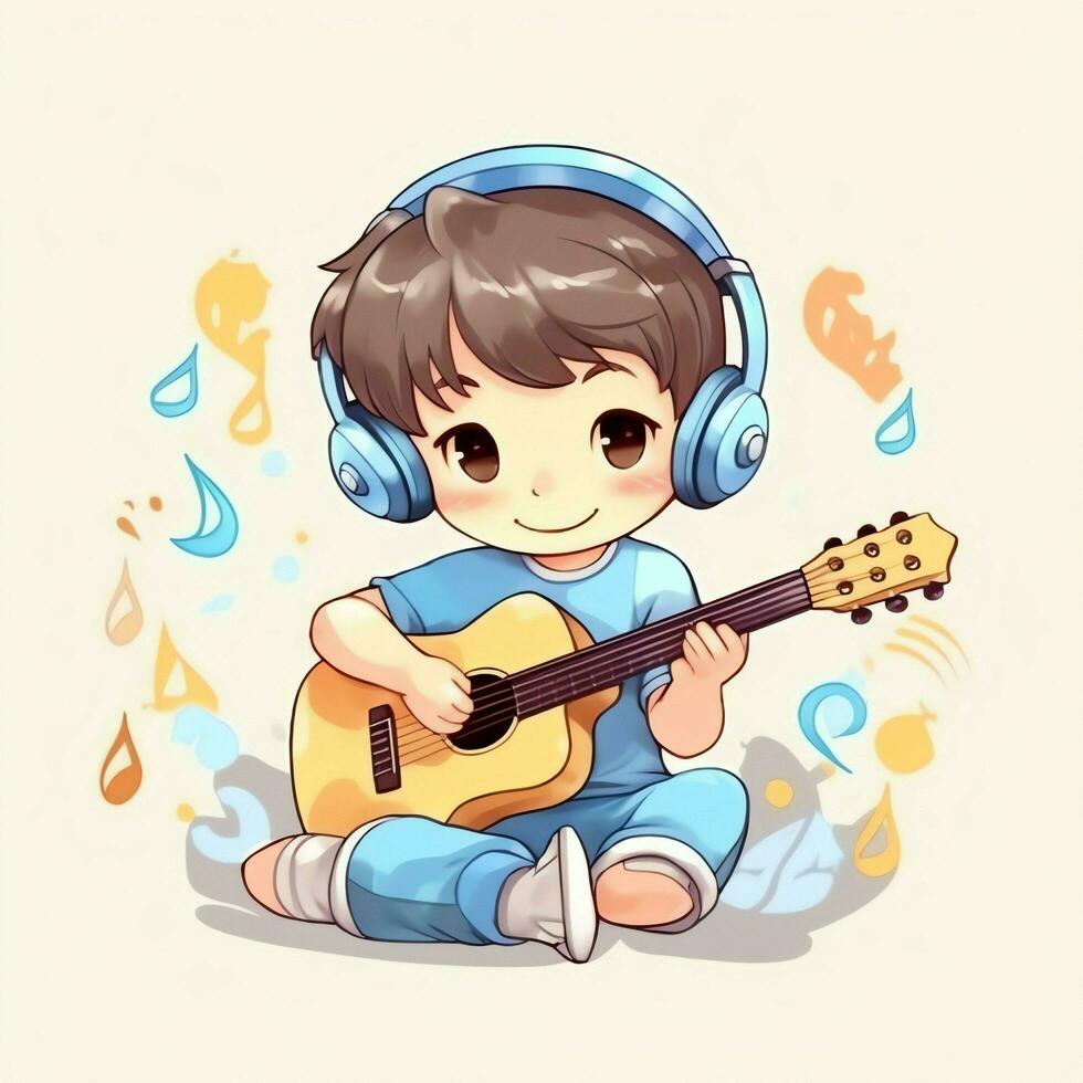 Cute boy playing guitar and listening to music with headset in cartoon style. Youth day or music day concept by AI Generated photo