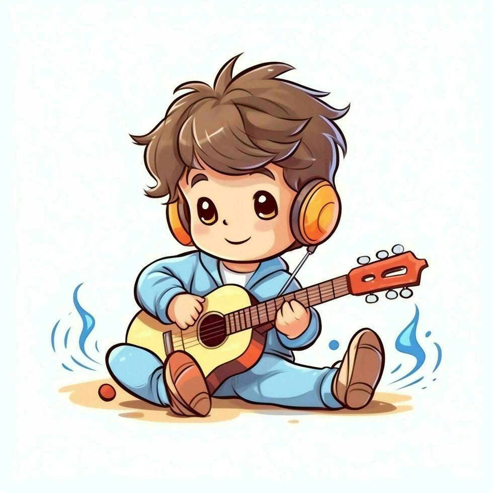 Cute boy playing guitar and listening to music with headset in cartoon style. Youth day or music day concept by AI Generated photo