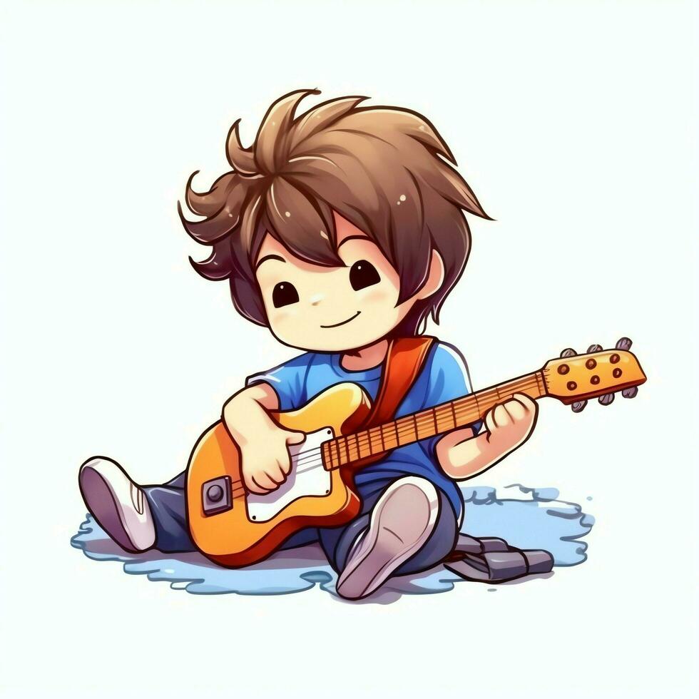 Cute boy playing guitar and listening to music with headset in cartoon style. Youth day or music day concept by AI Generated photo
