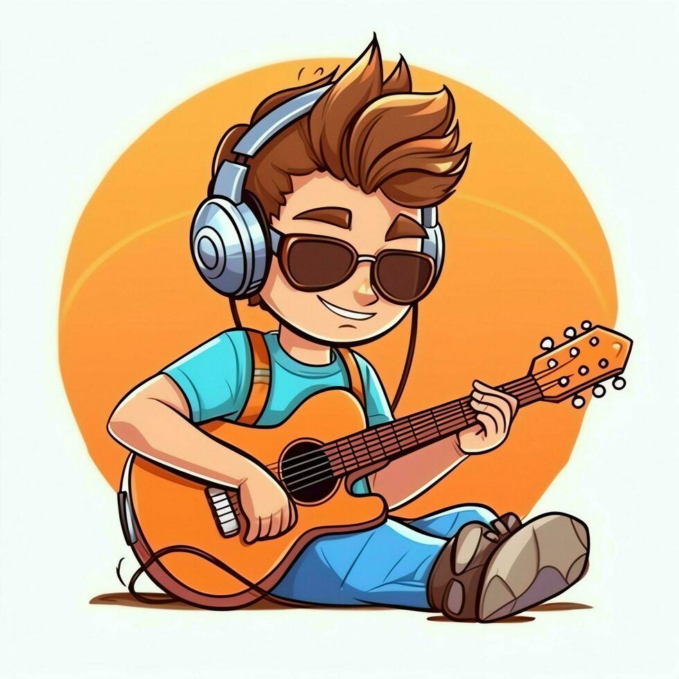 Cute boy playing guitar and listening to music with headset in cartoon style. Youth day or music day concept by AI Generated photo