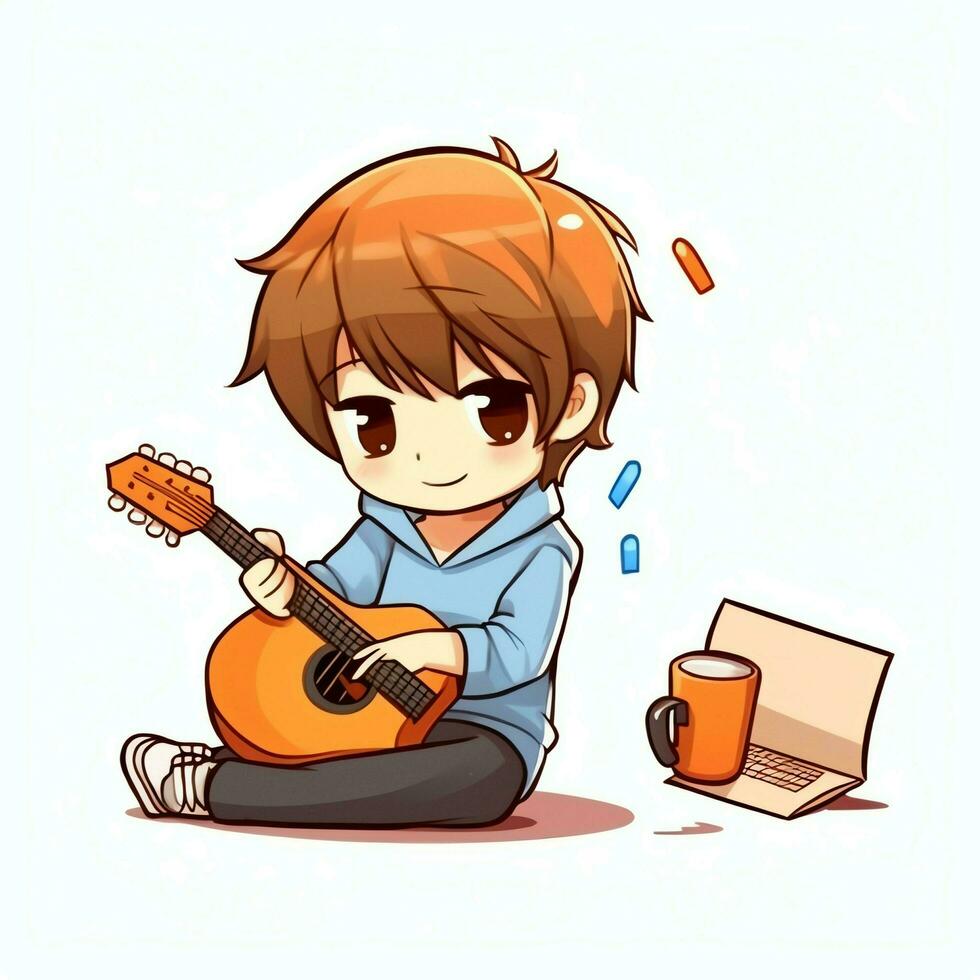 Cute boy playing guitar and listening to music with headset in cartoon style. Youth day or music day concept by AI Generated photo