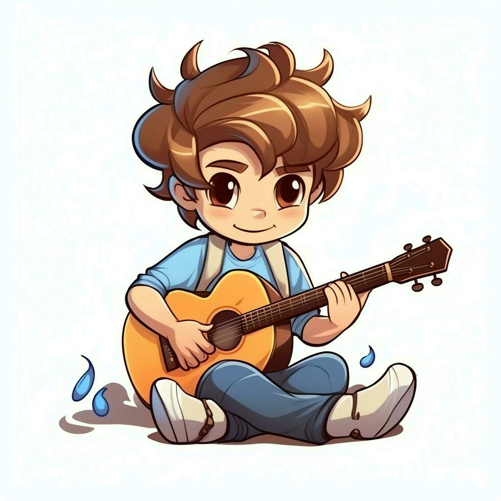 Cute boy playing guitar and listening to music with headset in cartoon style. Youth day or music day concept by AI Generated photo