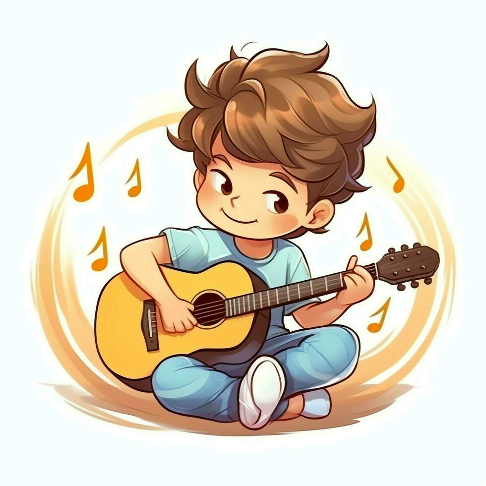 Cute boy playing guitar and listening to music with headset in cartoon style. Youth day or music day concept by AI Generated photo