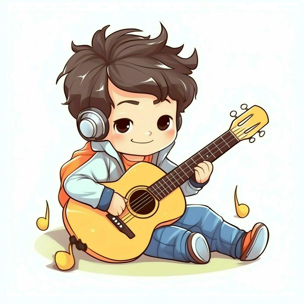 Cute boy playing guitar and listening to music with headset in cartoon style. Youth day or music day concept by AI Generated photo