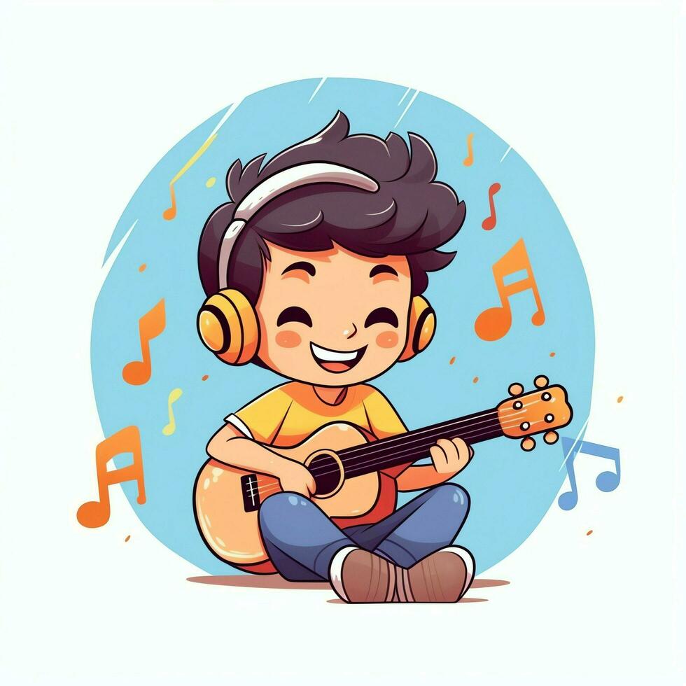 Cute boy playing guitar and listening to music with headset in cartoon style. Youth day or music day concept by AI Generated photo