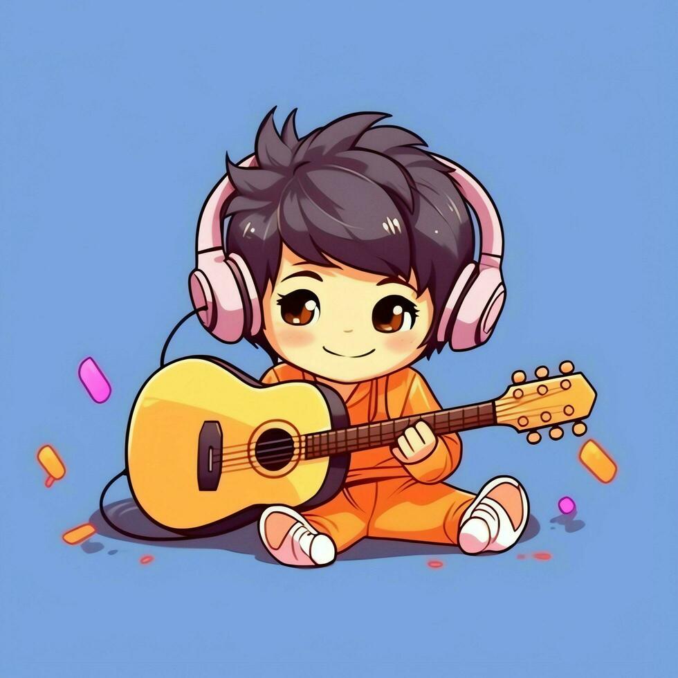 Cute boy playing guitar and listening to music with headset in cartoon style. Youth day or music day concept by AI Generated photo