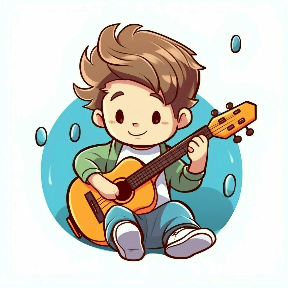 Cute boy playing guitar and listening to music with headset in cartoon style. Youth day or music day concept by AI Generated photo