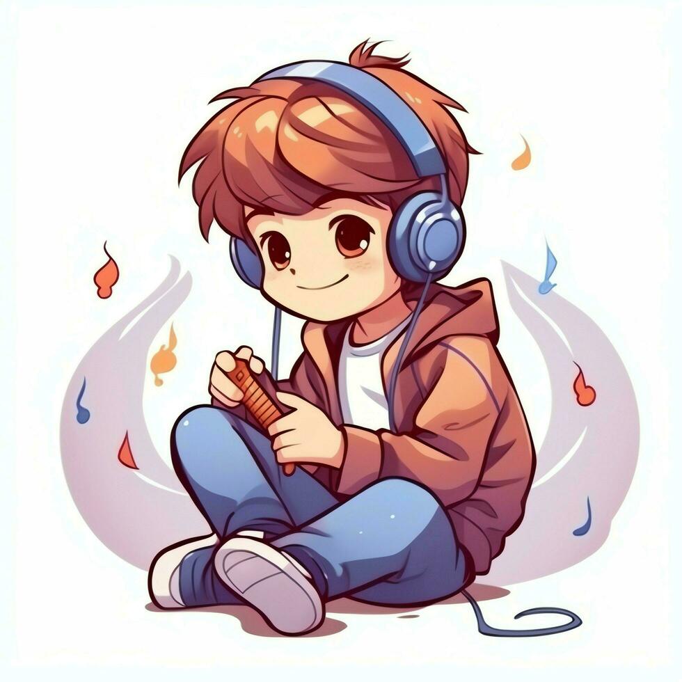 Cute boy playing guitar and listening to music with headset in cartoon style. Youth day or music day concept by AI Generated photo