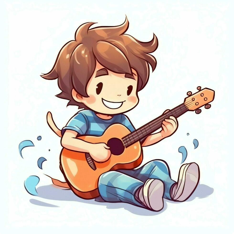 Cute boy playing guitar and listening to music with headset in cartoon style. Youth day or music day concept by AI Generated photo