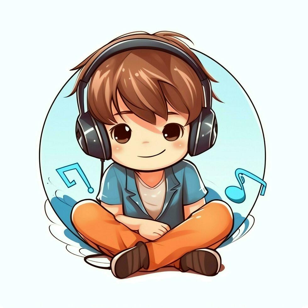 linda chico jugando guitarra y escuchando a música con auriculares en dibujos animados estilo. juventud día o música día concepto por ai generado foto