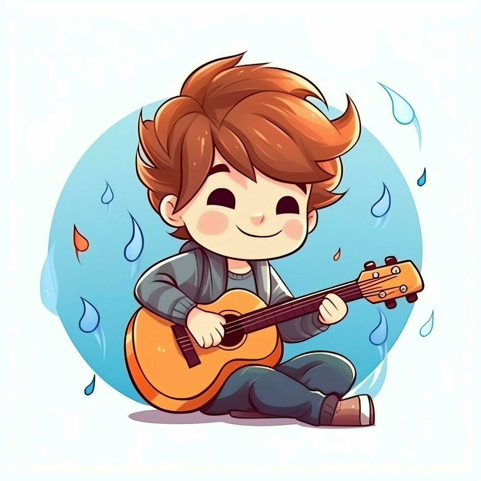 Cute boy playing guitar and listening to music with headset in cartoon style. Youth day or music day concept by AI Generated photo