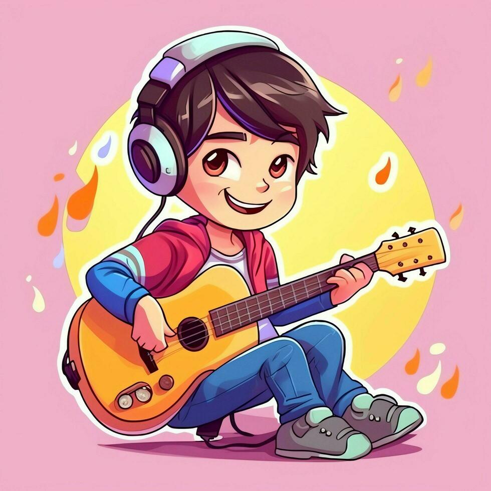 Cute boy playing guitar and listening to music with headset in cartoon style. Youth day or music day concept by AI Generated photo