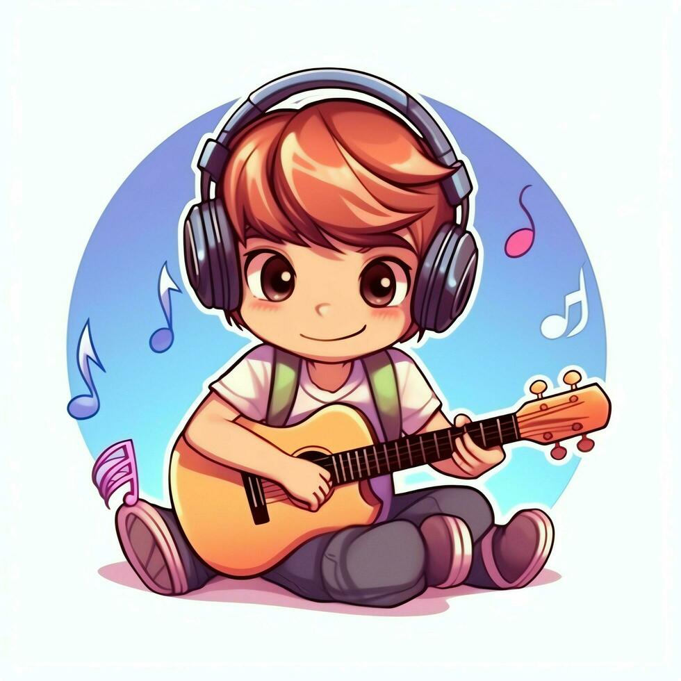 Cute boy playing guitar and listening to music with headset in cartoon style. Youth day or music day concept by AI Generated photo