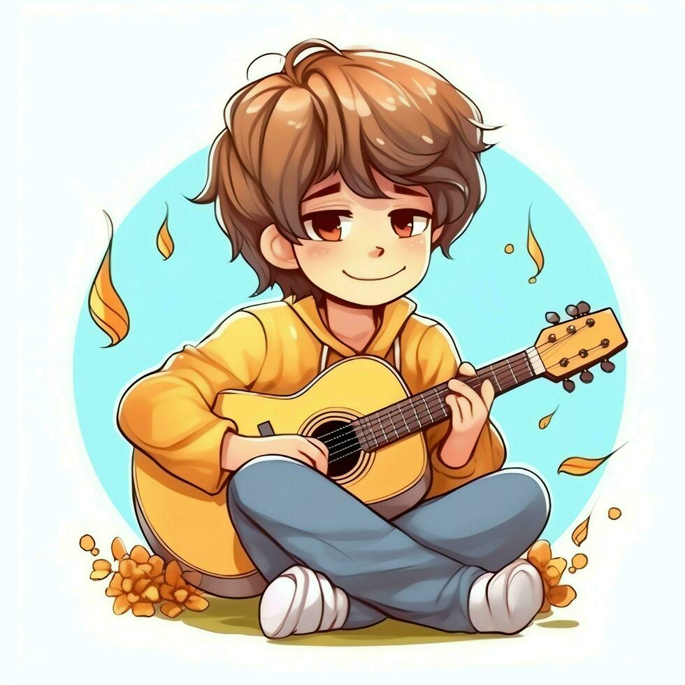 linda chico jugando guitarra y escuchando a música con auriculares en dibujos animados estilo. juventud día o música día concepto por ai generado foto