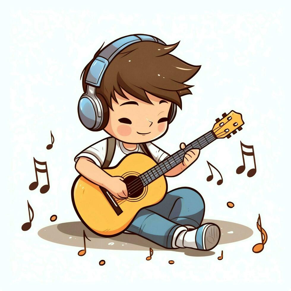 Cute boy playing guitar and listening to music with headset in cartoon style. Youth day or music day concept by AI Generated photo