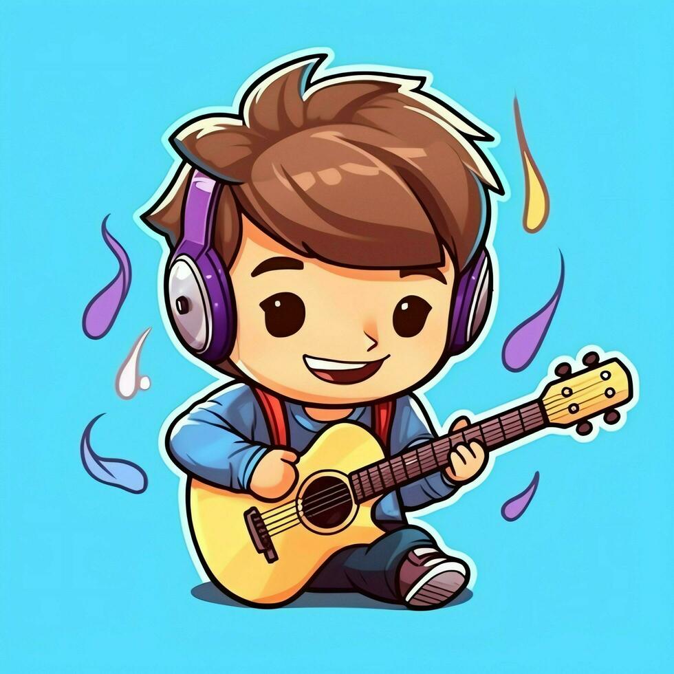 linda chico jugando guitarra y escuchando a música con auriculares en dibujos animados estilo. juventud día o música día concepto por ai generado foto