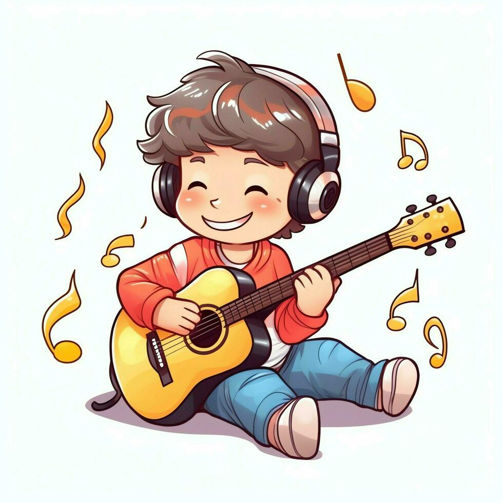 Cute boy playing guitar and listening to music with headset in cartoon style. Youth day or music day concept by AI Generated photo