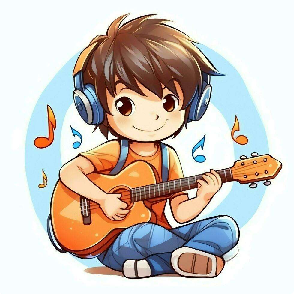 linda chico jugando guitarra y escuchando a música con auriculares en dibujos animados estilo. juventud día o música día concepto por ai generado foto