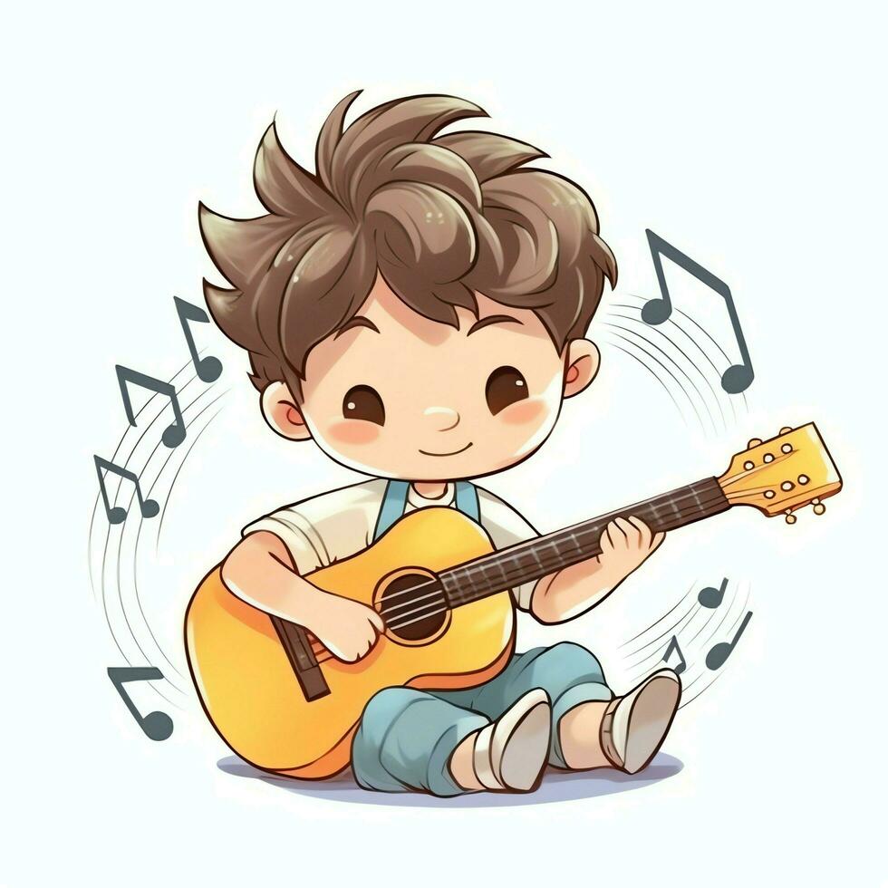 Cute boy playing guitar and listening to music with headset in cartoon style. Youth day or music day concept by AI Generated photo