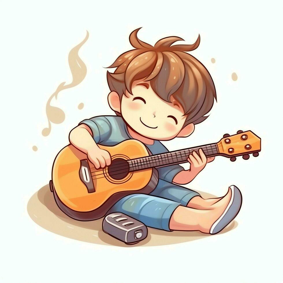 linda chico jugando guitarra y escuchando a música con auriculares en dibujos animados estilo. juventud día o música día concepto por ai generado foto