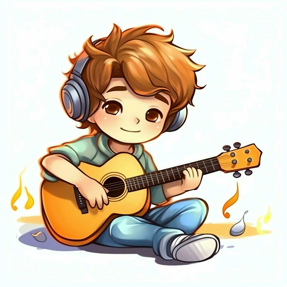 Cute boy playing guitar and listening to music with headset in cartoon style. Youth day or music day concept by AI Generated photo